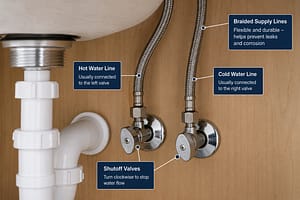 Braided stainless steel supply lines connected to shutoff valves under a bathroom sink for home plumbing maintenance and leak prevention