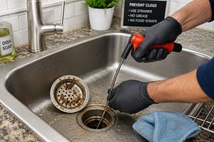 Kitchen sink drain cleaning with hand drain snake, sink strainer, and grease buildup during home plumbing maintenance