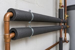 Foam pipe insulation installed on exposed copper plumbing pipes to help prevent heat loss and pipe freezing
