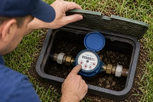 Homeowner checking a residential water meter for signs of a hidden water leak or water line problem