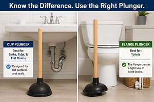 Side-by-side comparison of a sink cup plunger and a toilet flange plunger showing the correct use for sinks, tubs, and toilets.
