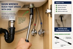 Basin wrench being used underneath a sink faucet to loosen a hard-to-reach faucet mounting nut inside a bathroom cabinet.