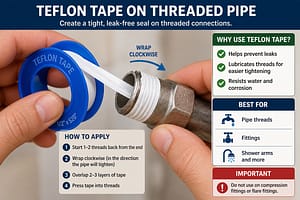 Close-up of Teflon tape being wrapped around threaded plumbing pipe fittings to create a leak-free seal.