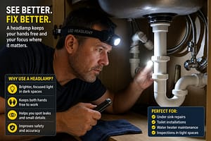 Homeowner wearing a headlamp while inspecting plumbing pipes and drain connections underneath a kitchen sink cabinet.