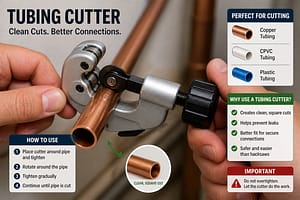 Close-up of a tubing cutter cutting through a copper plumbing pipe to create a clean and even pipe connection.