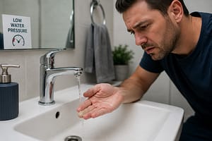 Weak water pressure flowing from a modern bathroom sink faucet inside a residential home