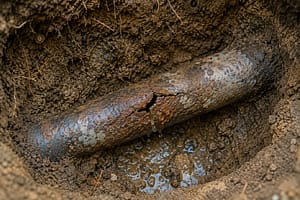 Corroded underground water pipe with visible crack exposed during Water Line Repair Sint Maarten service