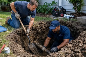 Homeowner digging carefully beside exposed underground piping while plumber performs Water Line Repair Sint Maarten inspection