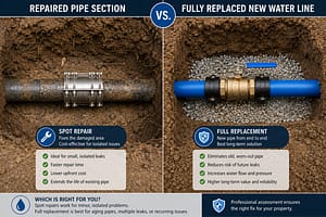 Side-by-side comparison showing repaired pipe section versus fully replaced new water line during Water Line Repair Sint Maarten project