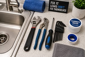 Basic plumbing tools beside a sink for dripping faucet repair and DIY plumbing maintenance