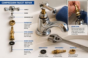 Dripping faucet repair diagram showing rubber washer, stem assembly, and packing nut inside a compression faucet
