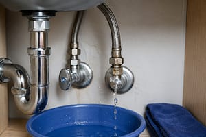 Leaking supply line under sink causing dripping faucet and plumbing water leak problems
