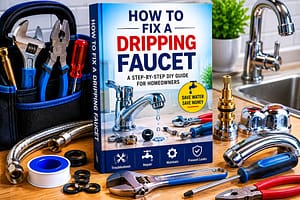 Dripping faucet repair guidebook displayed with professional plumbing tools beside a kitchen sink