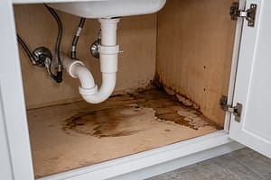 Early cabinet water damage under a sink caused by a slow plumbing leak around drain and supply lines.