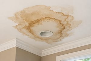 Brown ceiling water stain caused by a hidden plumbing leak near a recessed ceiling light inside a home.