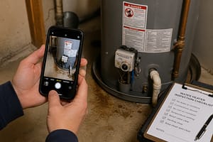 Homeowner using a smartphone to document a water heater inspection area during routine plumbing maintenance.