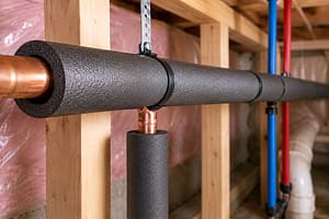Prevent frozen pipes with foam insulation sleeves installed on exposed copper and PEX plumbing lines.