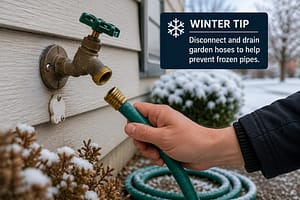 Prevent frozen pipes by disconnecting outdoor garden hoses before winter freezing temperatures arrive.