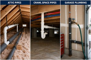 Prevent frozen pipes by protecting attic pipes, crawl space plumbing, and garage water lines during winter weather.