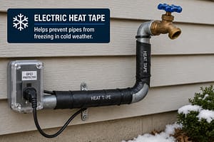 Electric heat tape wrapped around exposed plumbing pipe to help prevent frozen pipes during winter weather.