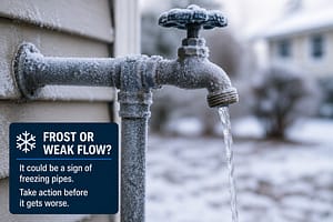 Frost-covered outdoor pipe and weak water flow warning signs of frozen plumbing during winter weather.