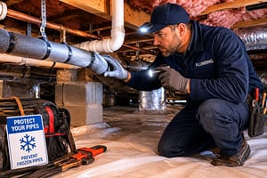 Professional plumber inspecting insulated crawl space plumbing to help prevent frozen pipes during winter weather.