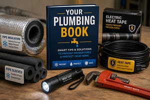 Plumbing book with insulation tools, heat tape, pipe sleeves, flashlight, and wrench for preventing frozen pipes.