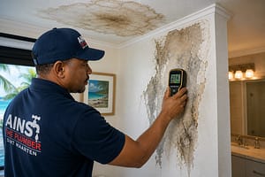 Plumber using moisture meter to detect hidden water leak in wall with visible ceiling stain damage