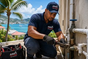 Plumber repairing outdoor pipes in tropical coastal environment with ocean view in background