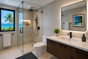 Modern bathroom with professionally installed plumbing fixtures including shower, sink, and toilet