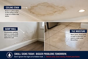Signs of hidden water leaks in a home including ceiling stain, damp wall, and moisture on tile floor