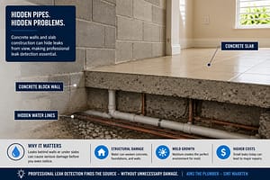 Concrete wall and slab construction showing hidden plumbing pipes beneath the surface in a residential home