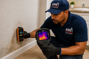 Plumber using moisture meter and thermal camera to detect hidden water leak inside wall