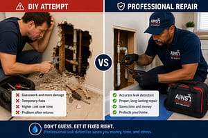 Split image showing DIY plumbing attempt causing damage versus professional plumber performing proper pipe repair