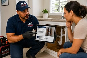 Professional plumber explaining a hidden leak problem to homeowner using tablet under kitchen sink