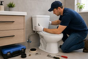Plumber installing a bathroom toilet fixture with tools and fittings in a modern tiled bathroom