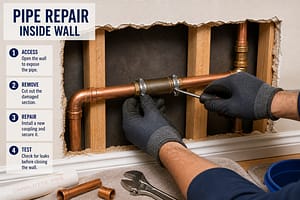 Plumber repairing copper pipe inside wall using coupling and tools during plumbing repair process