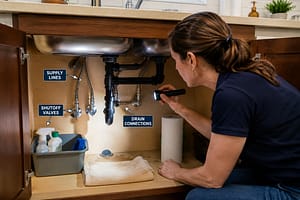 Open kitchen sink cabinet inspection showing shutoff valves, supply lines, and drain connections being checked with a flashlight