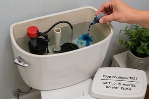 Food coloring leak test inside a toilet tank showing dyed water used to detect a leaking toilet flapper