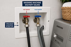 Washing machine shutoff valves for hot and cold water supply lines installed in a laundry wall box