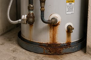 Rust and corrosion around water heater pipe connections indicating possible leaks and aging plumbing components
