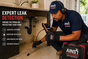 Professional plumber performing leak detection under a sink using acoustic listening equipment in a home in Sint Maarten