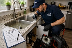 Best Drain Cleaning inspection of a slow kitchen sink by a professional plumber