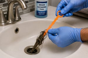 Best Drain Cleaning using a plastic drain tool to remove hair from a bathroom sink