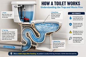 Toilet Clogs After Flushing diagram showing toilet trap, waste flow path, and drain line operation inside a toilet