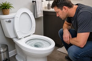 Toilet Clogs After Flushing homeowner watching toilet bowl during flush to diagnose a possible blockage