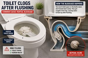Toilet Clogs After Flushing caused by excessive toilet paper and flushable wipes creating a blockage in the toilet trap
