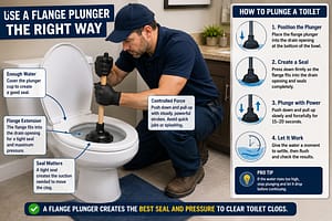 Toilet Clogs After Flushing plumber using a flange plunger correctly to clear a toilet blockage