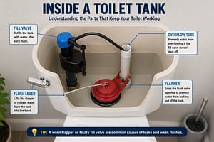 Toilet Clogs After Flushing open toilet tank showing the flapper, fill valve, and internal flushing components