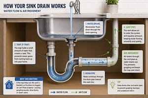 Sink cutaway diagram showing the sink trap, drain pipe, vent pipe, water flow, and air movement inside a plumbing drainage system